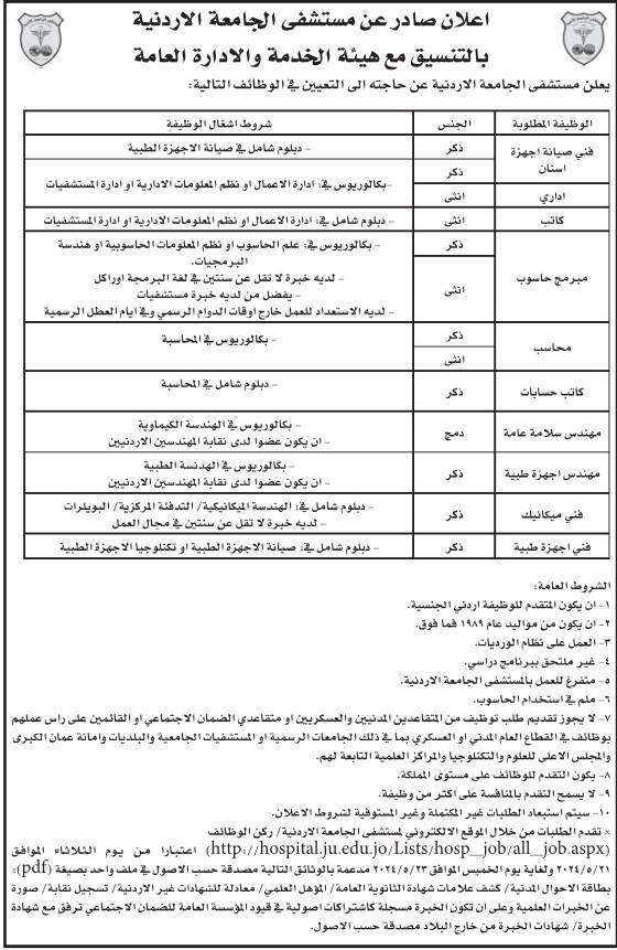 الاعلان عن وظائف شاغرة في مستشفى الجامعة الاردنية